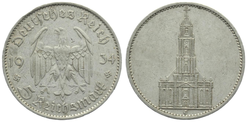 3. Reich 5 Mark 1934 G - Garnisonskirche von Potsdam